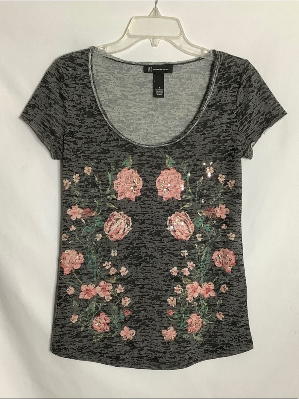 INC Gray Burnout Tee with Pink Sequin Floral Design Size S